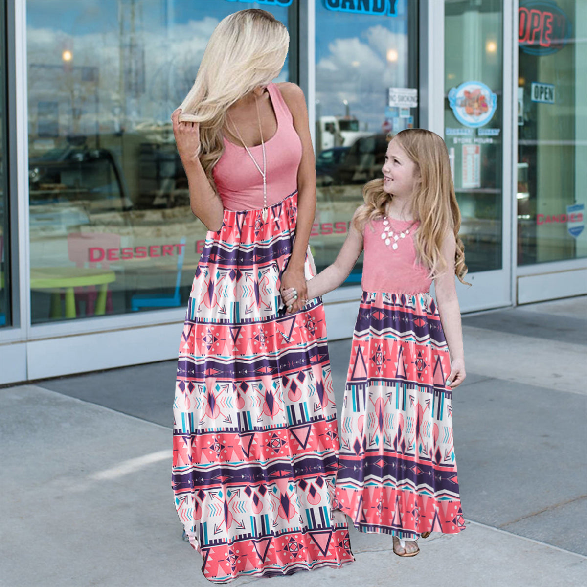 Sleeveless Floral Long Dress  for Mom and Daughter
