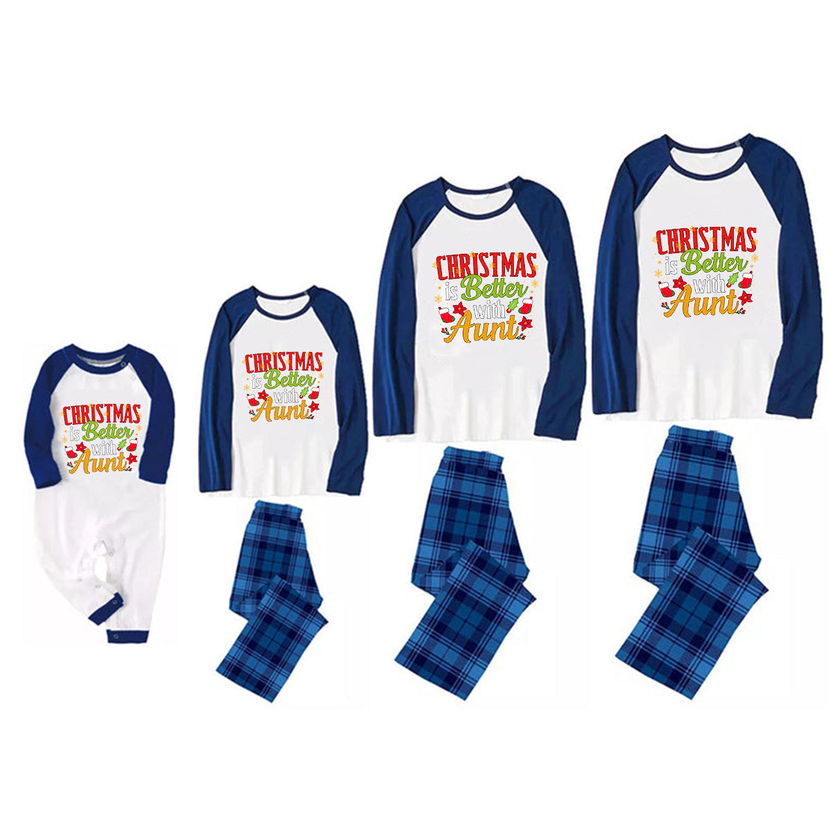 Christmas Cute Cartoon Patterned and 'CHRISTMAS Is Better With Aunt‘ Letter Print Casual Long Sleeve Sweatshirts Contrast Blue & White Top and Black and Blue Plaid Pants Family Matching Pajamas Sets