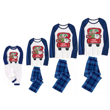 Christmas Cute Cartoon Santa Christmas Gift Truck Patterned and 'MERRY CHRISTMAS  ' Letter Print Casual Long Sleeve Sweatshirts Contrast Blue & White Top and Black and Blue Plaid Pants Family Matching Pajamas Sets