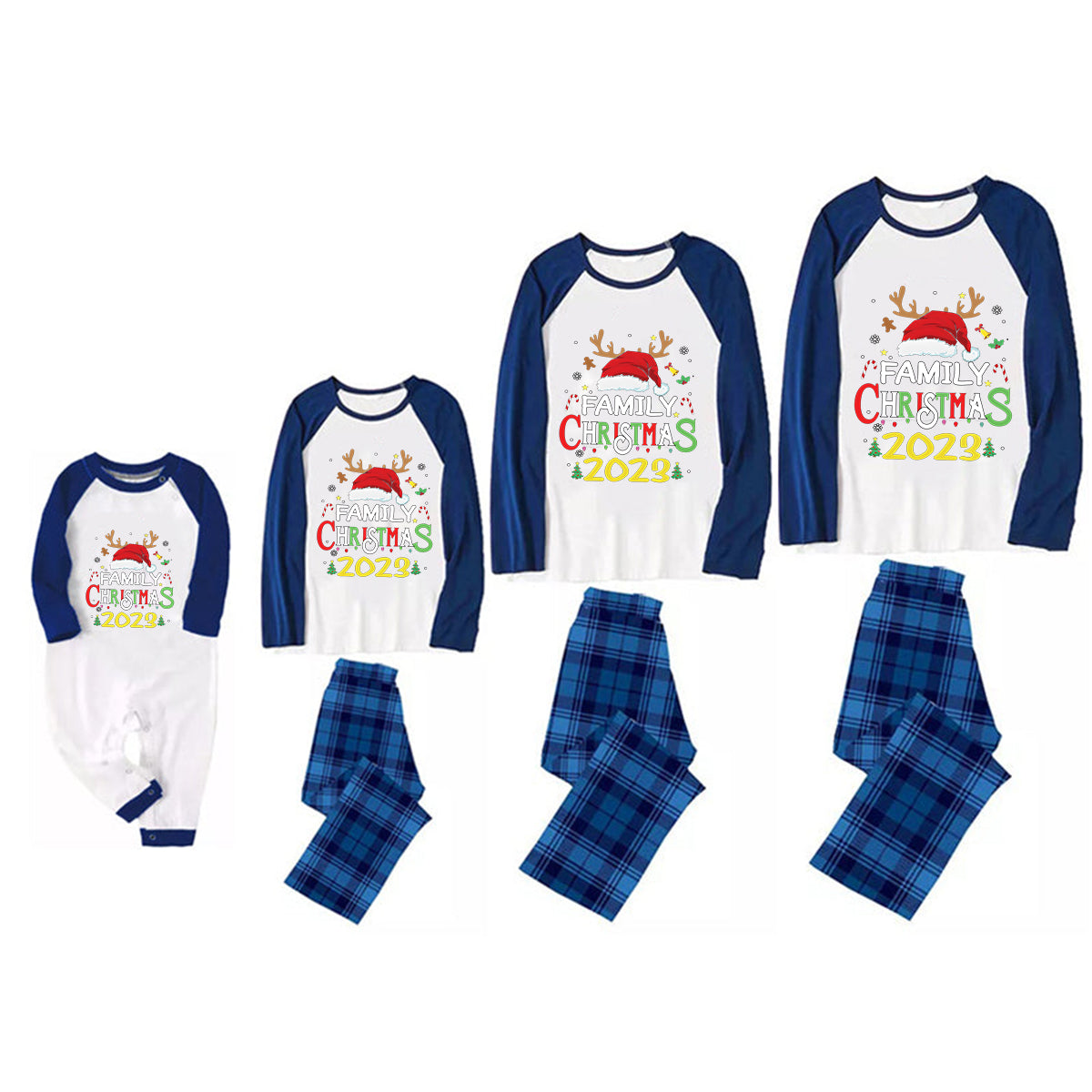 Family Christmas Shirts Santa Hat Christmas Deer Patterned and 'FAMILY CHRISTMAS 2023  ' Letter Print Grey Casual Long Sleeve Sweatshirts Contrast Blue & White Top and Black and Blue Plaid Pants Family Matching Pajamas Sets