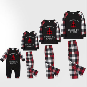 Family Christmas Shirts Christmas Tree Buffalo Plaid Patterned and 'MOST LIKELY TO TRAEGER THE REINDEER ' Letter Print Contrast Tops and Red & Black & White Plaid Pants Family Matching Pajamas Set With Dog Bandana