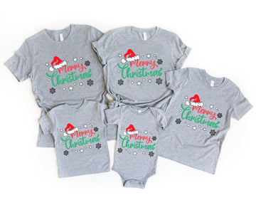 Christmas Hat Patterned and 'Merry Christmas' Letter Print Patterned Gray Color Casual Short Sleeve T-shirts  Family Matching Tops With Dog Bandana