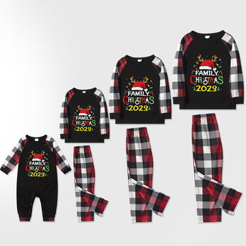 Family Christmas Shirts Santa Hat Christmas Deer Patterned and 'FAMILY CHRISTMAS 2023  ' Letter Print Contrast Tops and Red & Black & White Plaid Pants Family Matching Pajamas Set With Dog Bandana