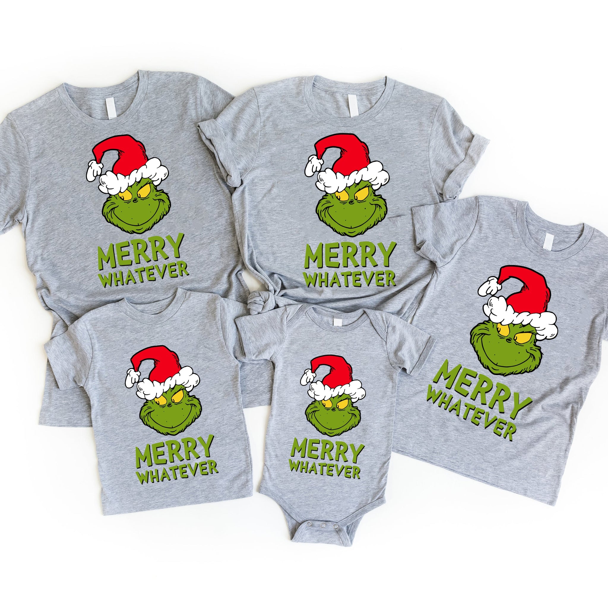 Family Christmas Matching Pajamas Tops 'Merry Whatever' Letter Print Casual Short Sleeve T-shirts Gray Color With Dog Bandana