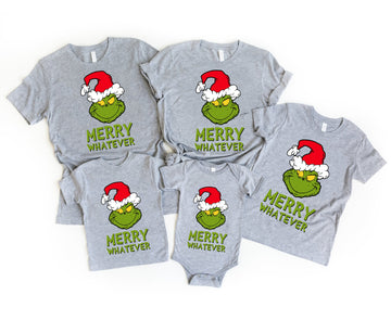 Family Christmas Matching Pajamas Tops 'Merry Whatever' Letter Print Casual Short Sleeve T-shirts Gray Color With Dog Bandana