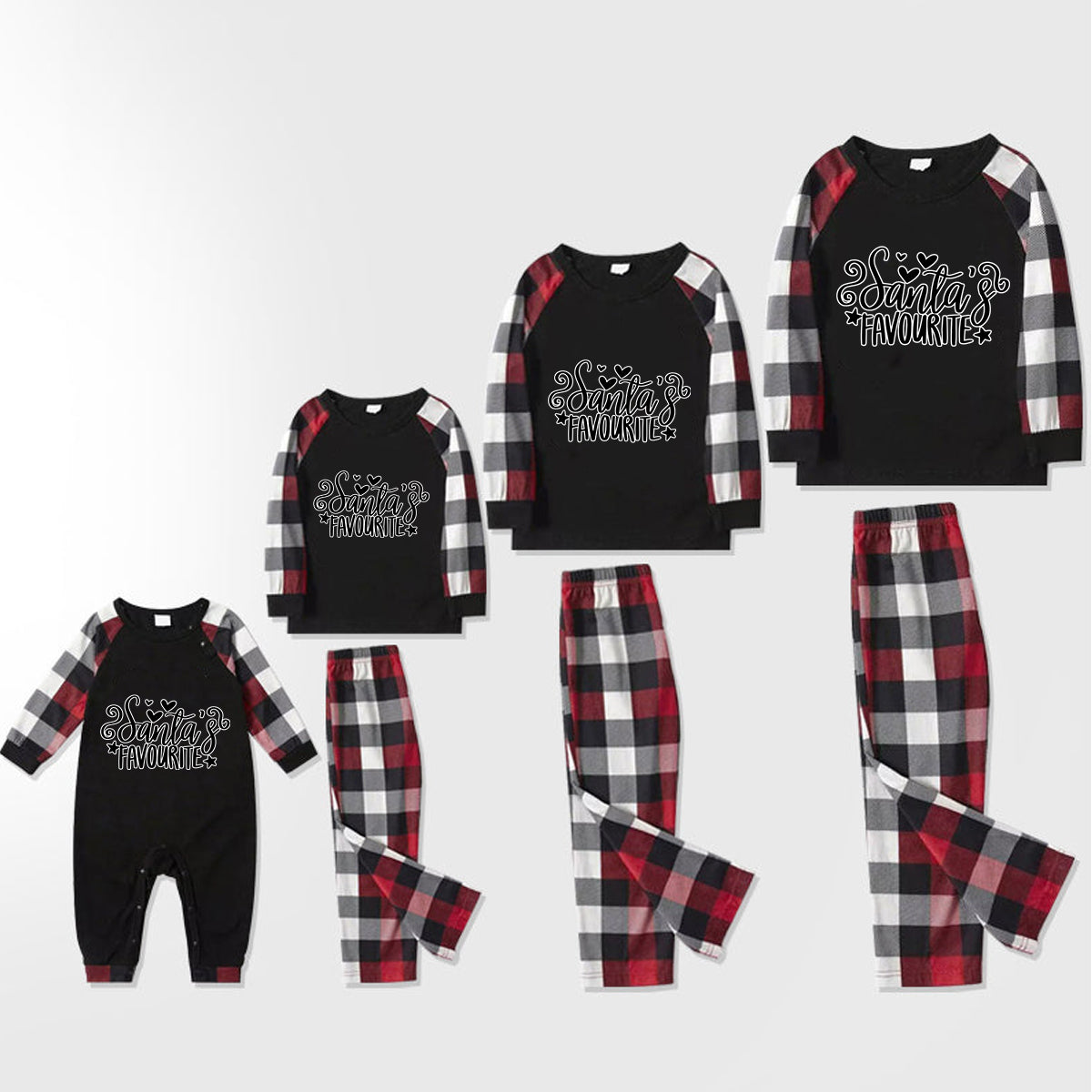 Christmas Cute Cartoon Patterned and 'Santa's Favorite   ' Letter Print Contrast Tops and Red & Black & White Plaid Pants Family Matching Pajamas Set With Dog Bandana