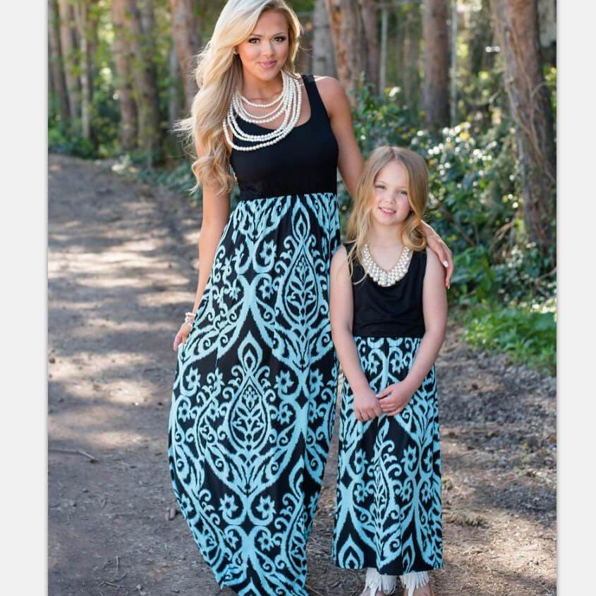 Neon Coral Black Damask Maxi Dress for mommy and me (3553383415892)