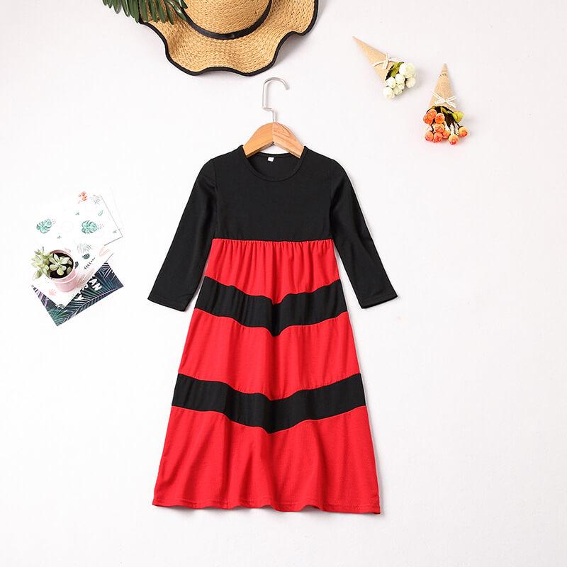 Black&Red Long-sleeve Stitching Striped Matching Dresses (3655980417108)