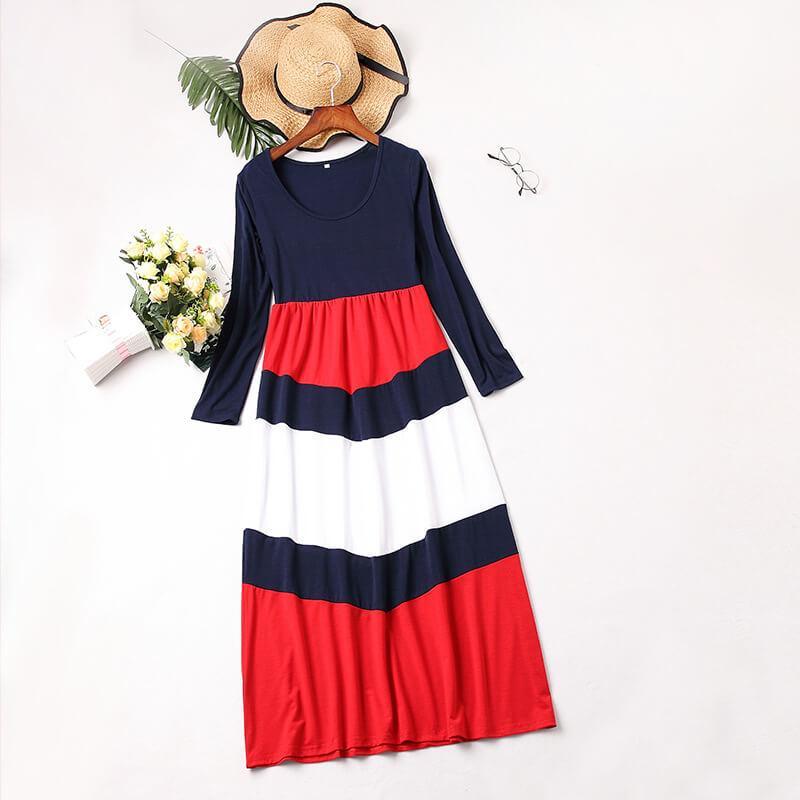Dark Blue Long-sleeve Stitching Striped Matching Dresses (3655985758292)