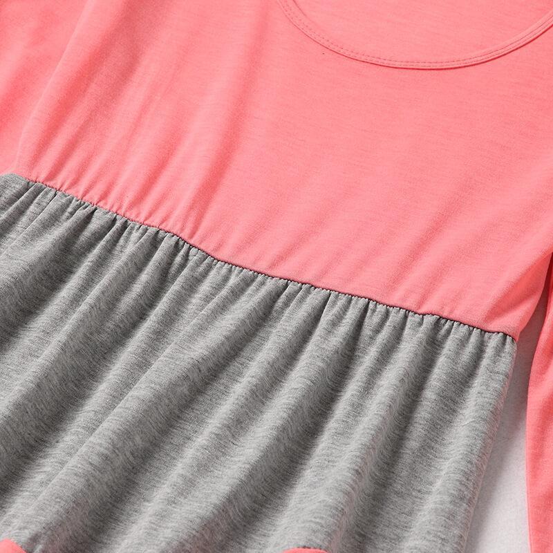 Pink-gray Long-sleeve Stitching Striped Matching Dresses (3646340071508)