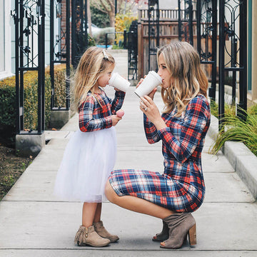 Blue Plaid Casual Style Matching Dress for Mommy and Me