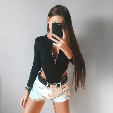 High Waist Black Zipper Long Sleeve Bodysuit