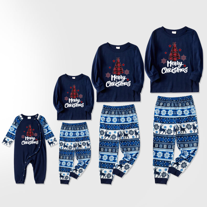 Christmas Family Matching Pajamas Sets Christmas Tree and Letter Print Top and Blue Pants