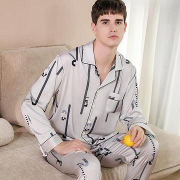 Luxurious Striped Satin Men's Lapel Pajamas 2Pcs