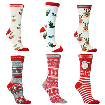 Christmas New Elk Santa Claus Snowflake Triangle Love Bell Long Cotton Socks 3/6Pairs
