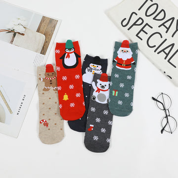 Christmas New Year Casual Santa Polar Bear Penguin Gingerbread Man Snowman Snowflake Cotton Socks 5Pairs