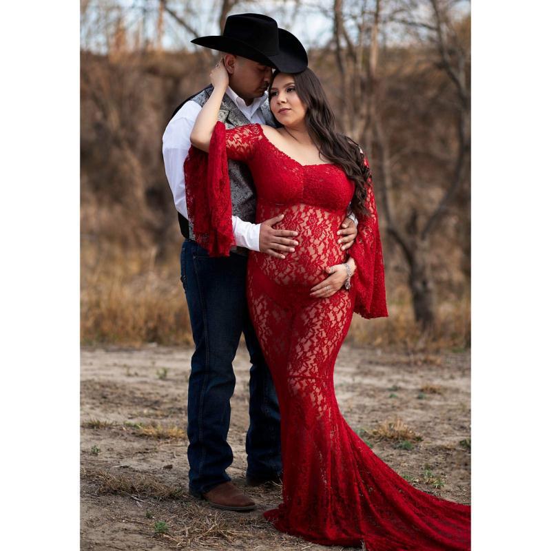 Maternity Trumpet Sleeves Bodycon Fishtail Lace Long Dress for Photoshoot