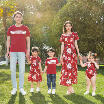 Family Matching All Over Floral Print Midi Dresses and Short-sleeve T-shirts Sets