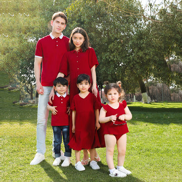 Family Matching Solid Textured Flutter-sleeve Button Up Dresses and Short-sleeve T-shirts Sets