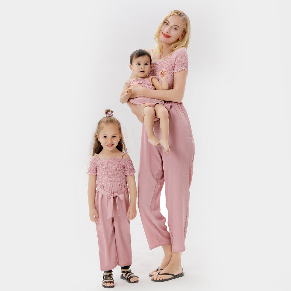 Smocked Buttoned Self-Tie Cami Jumpsuits for Mommy and Me