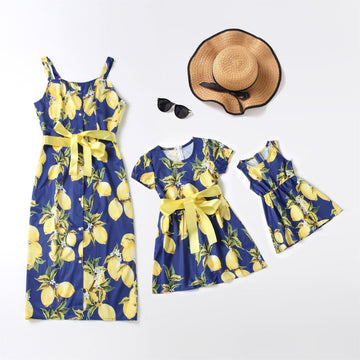 Navy Blue Print Stitching Floral Dresses for Mommy and Me