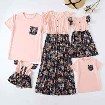 Family Matching Floral Print Splicing Dresses and T-shirts Sets