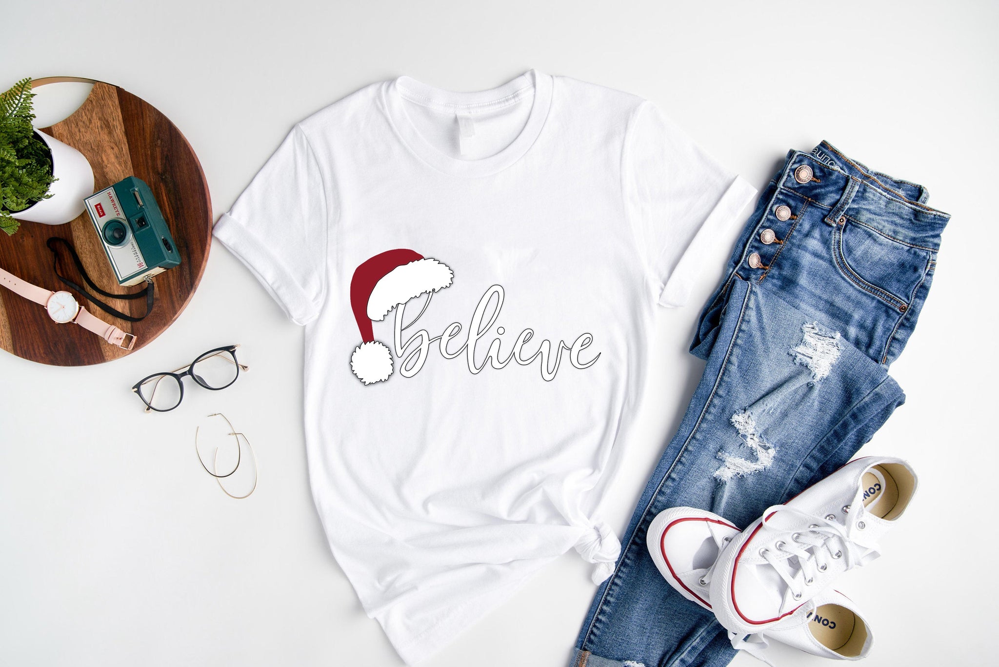 "BELIEVE" Letter Pattern Family Christmas Matching Pajamas Tops Cute White Short Sleeve T-shirt With Dog Bandana