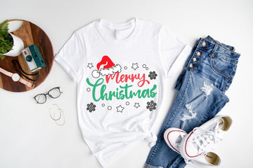 Christmas Hat Patterned and 'Merry Christmas' Letter Print Patterned White Color Casual Short Sleeve T-shirts  Family Matching Tops With Dog Bandana