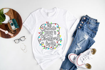 Christmas Lights Circle Patterned and 'My Favourite Color Is Chirstmas Lights' Letter Print Patterned White Color Casual Short Sleeve T-shirts  Family Matching Tops With Dog Bandana