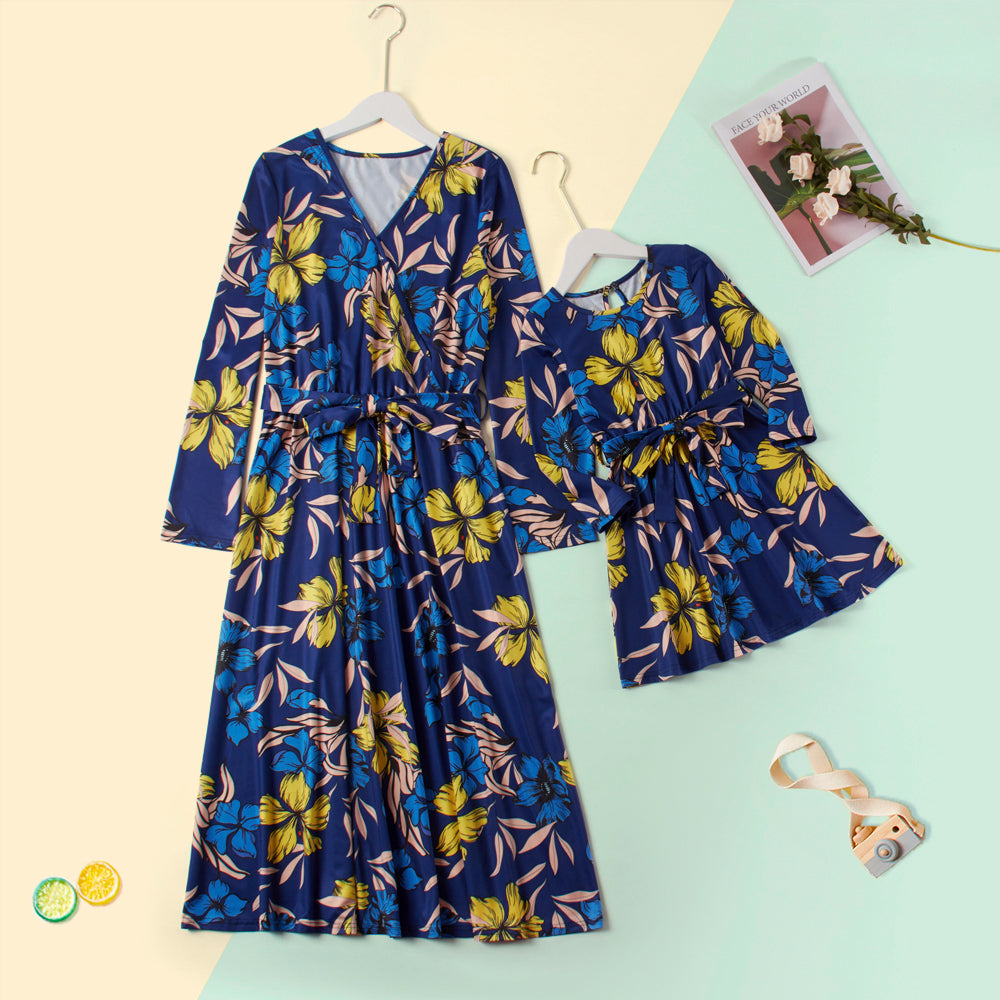 Mom and Daughter Blue Floral Print Dress