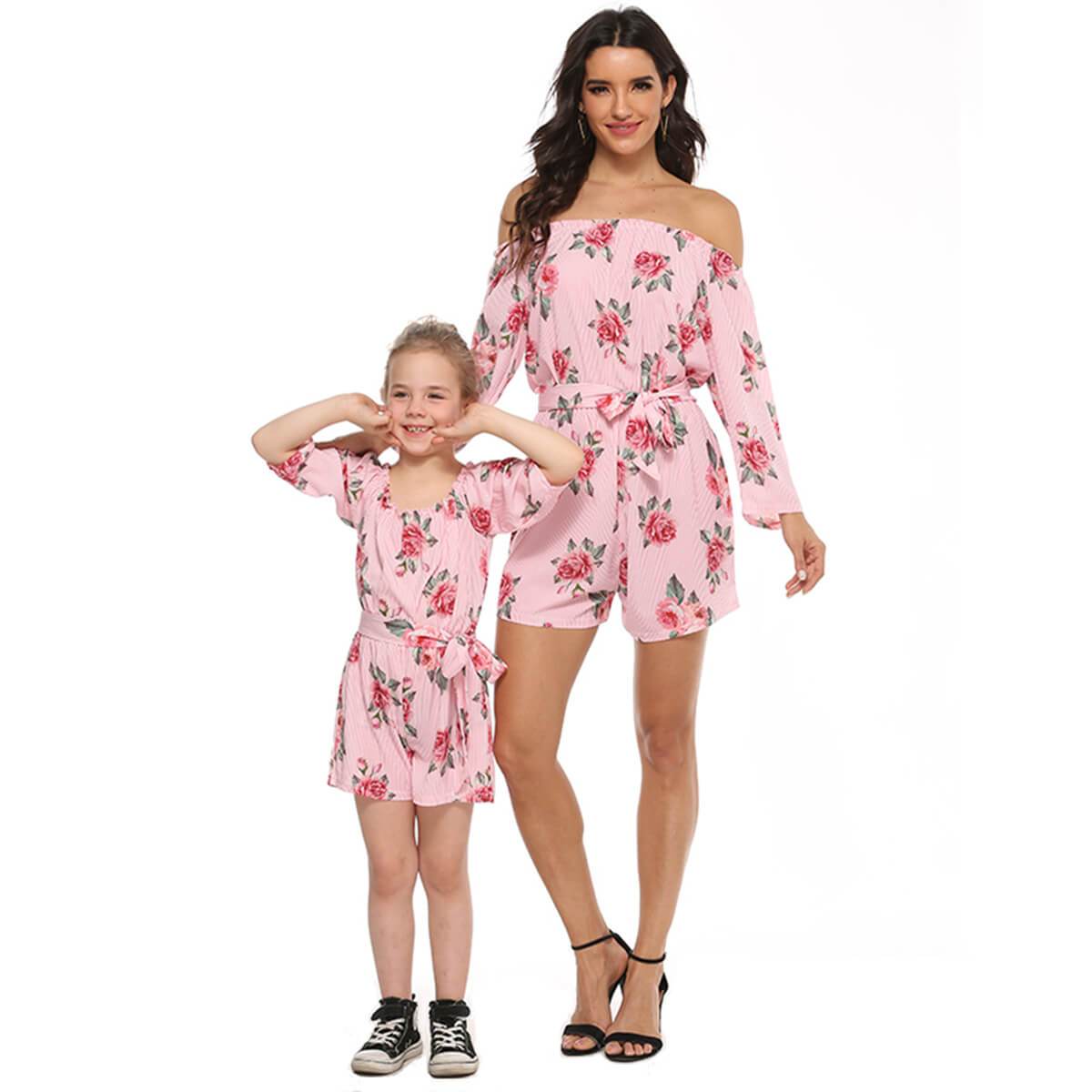 Sale！Flower Printed Off-shoulder Jumpsuits for Mommy and Me Q20009
