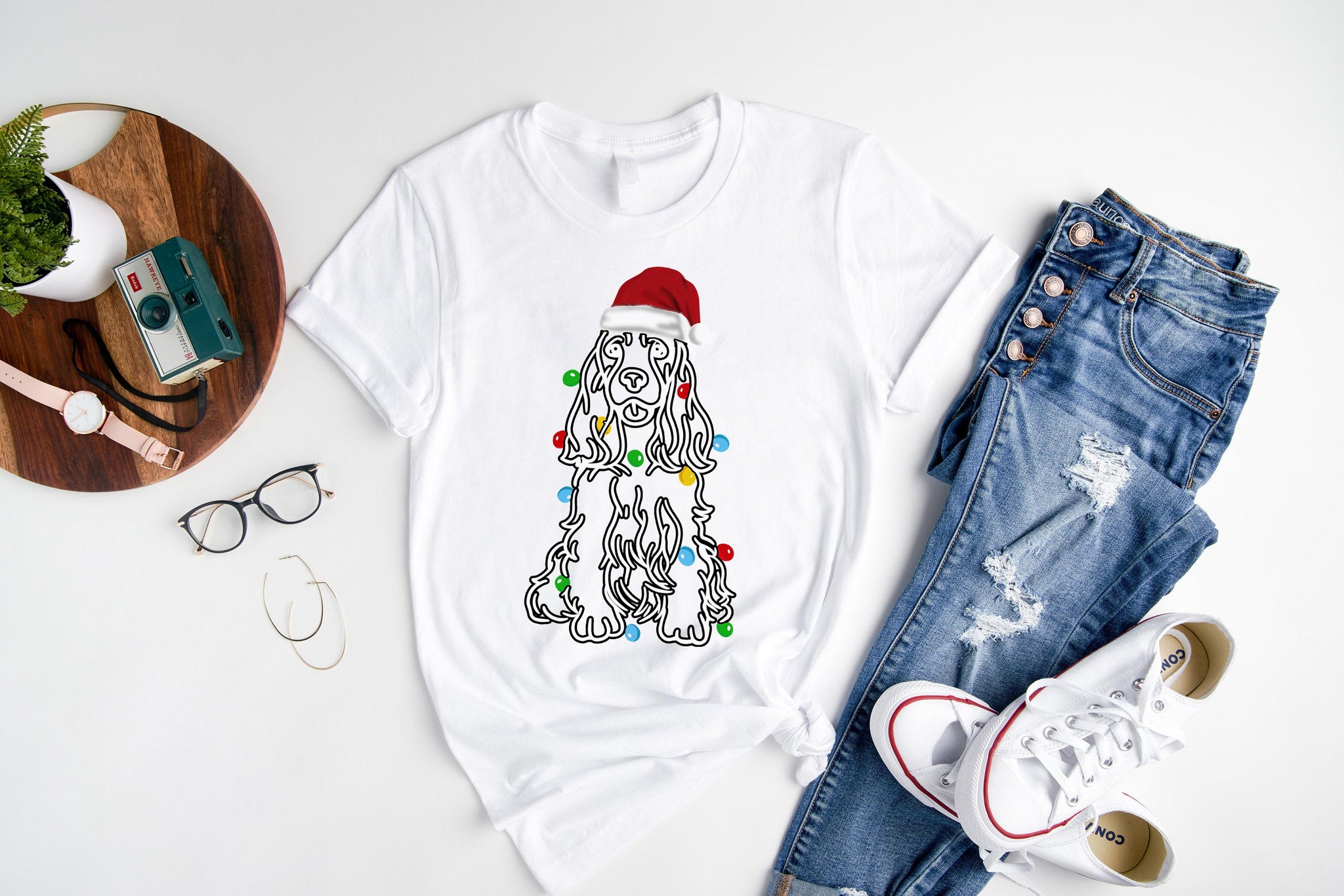 The Dog With Santa Hat Patterned  White Color Casual Short Sleeve T-shirts  Family Matching Tops With Dog Bandana