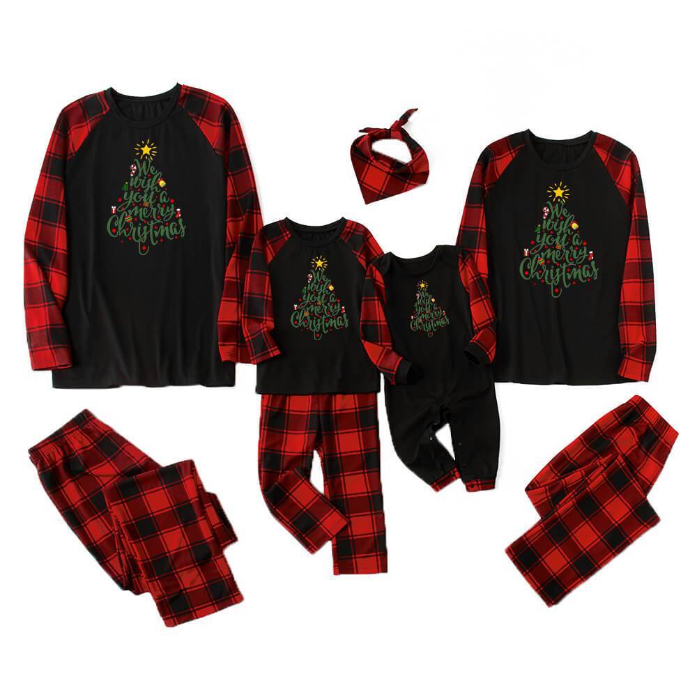 Sale！Christmas Tree Raglan Long-Sleeve Black Top with Plaid Pants