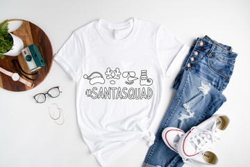 'SANTASQUAD'  Letter Print Patterned White Color Casual Short Sleeve T-shirts  Family Matching Tops With Dog Bandana