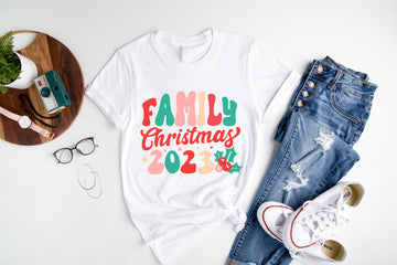 "FAMILY Chirstmas 2023"Colorful Letter Pattern Family Christmas Matching Pajamas Tops Cute White Short Sleeve T-shirt With Dog Bandana