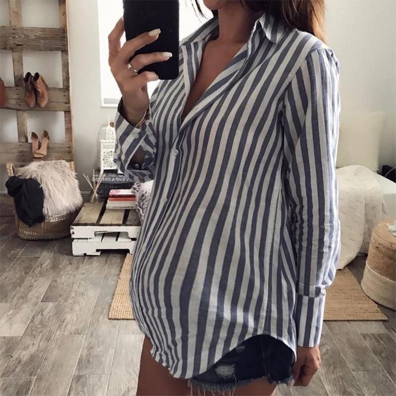 maternity casual fold over collar striped loose shirt