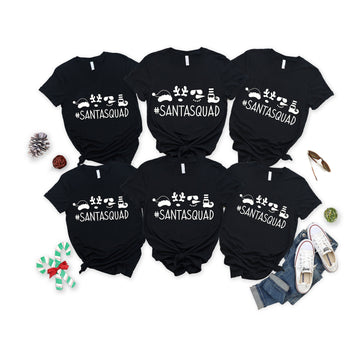 'SANTASQUAD'  Letter Print Patterned Black Color Casual Short Sleeve T-shirts  Family Matching Tops With Dog Bandana