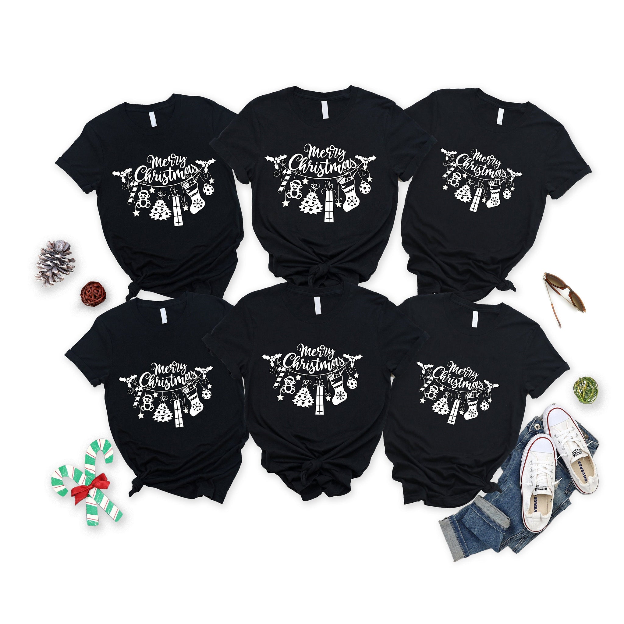 A Bunch Of Christmas Presents Patterned and 'Merry Christmas' Letter Print Patterned Black Color Casual Short Sleeve T-shirts  Family Matching Tops With Dog Bandana