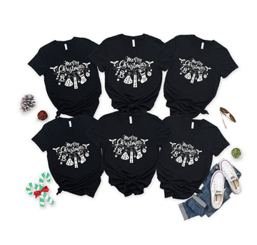 A Bunch Of Christmas Presents Patterned and 'Merry Christmas' Letter Print Patterned Black Color Casual Short Sleeve T-shirts  Family Matching Tops With Dog Bandana