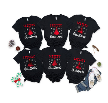 Red Christmas Tree Snowflake And 'Merry Christmas' Letter Print Patterned Black Color Casual Short Sleeve T-shirts  Family Matching Tops With Dog Bandana