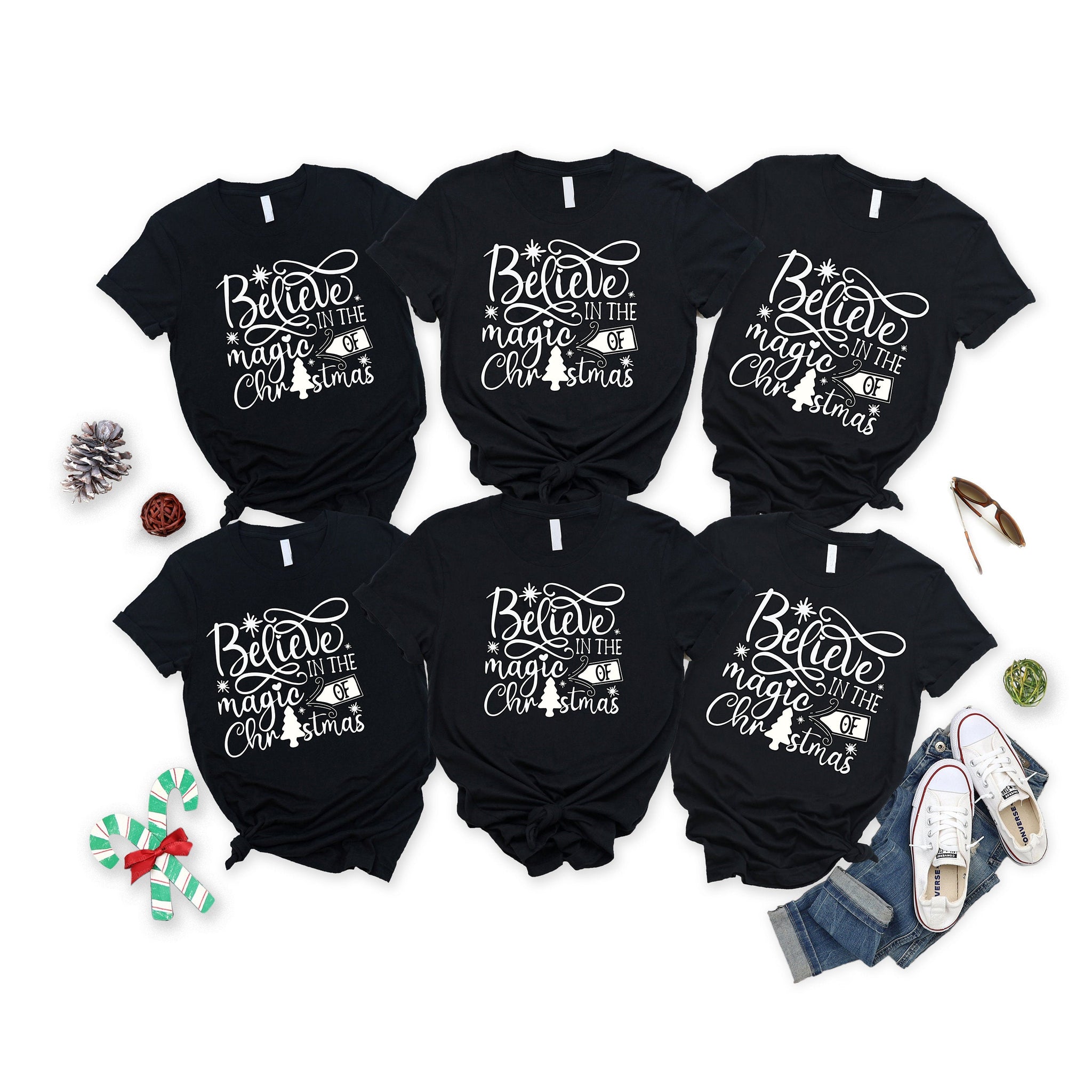 'Believe In The Magic Of Chirstmas' Letter Print Patterned Black Color Casual Short Sleeve T-shirts  Family Matching Tops With Dog Bandana