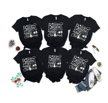 'Believe In The Magic Of Chirstmas' Letter Print Patterned Black Color Casual Short Sleeve T-shirts  Family Matching Tops With Dog Bandana