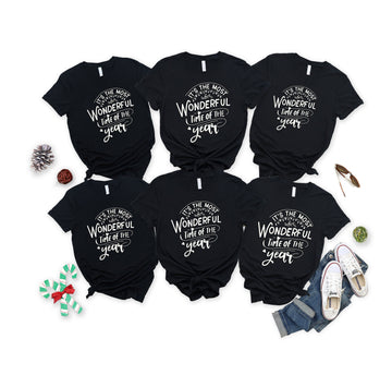 'It's The Wonderful Time Of The Year' Letter Print Patterned Black Color Casual Short Sleeve T-shirts  Family Matching Tops With Dog Bandana