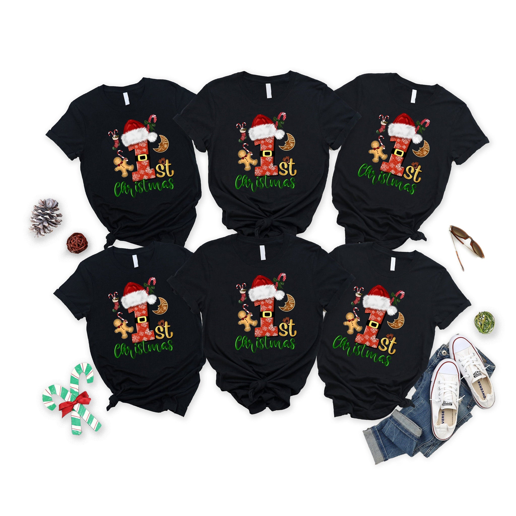 Christmas Elements Patterned and '1st Christmas' Letter Print Patterned Black Color Casual Short Sleeve T-shirts  Family Matching Tops With Dog Bandana