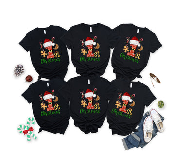 Christmas Elements Patterned and '1st Christmas' Letter Print Patterned Black Color Casual Short Sleeve T-shirts  Family Matching Tops With Dog Bandana