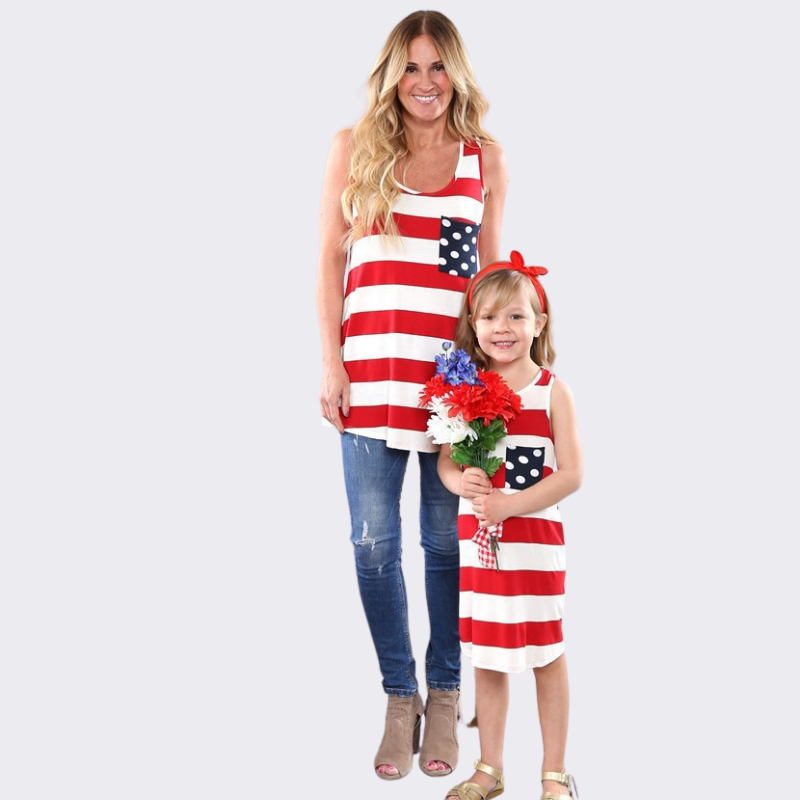 Mommy and Daughter Striped and Star Print Short Sleeve Matching T-Shirt