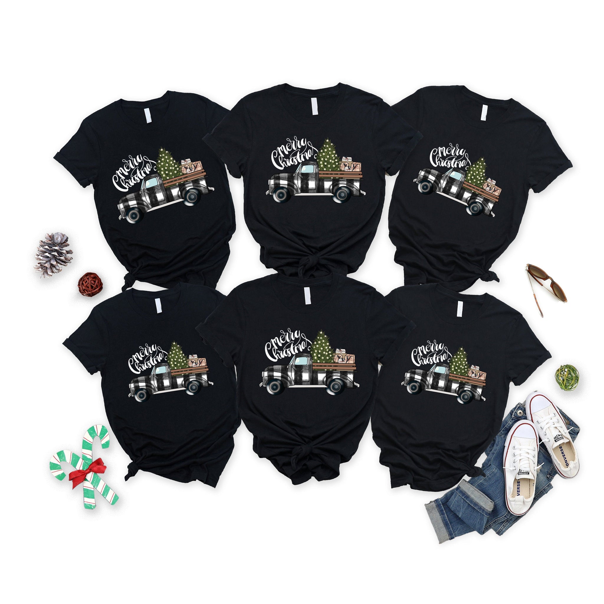 'Merry Chirstmas' Letter and ' A Car Of Gift' Pattern Family Christmas Matching Pajamas Tops Cute Black Short Sleeve T-shirts With Dog Bandana
