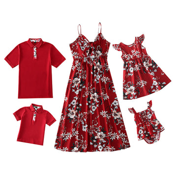Family Matching Outfit Red Floral Print Dresses and T-shirts Matching Sets