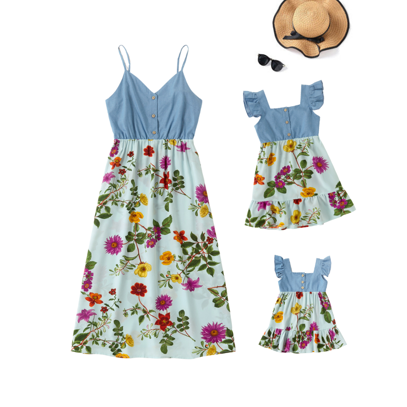 Floral Print V Neck Sleeveless Dresses and T-shirts Sets