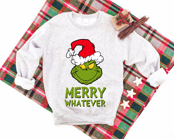 Family Christmas Matching Pajamas Tops 'Merry Whatever' Letter Print Casual Light-gray Color Long Sleeve Sweatshirts And Dog Bandana